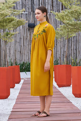 Plus Size Mustard Casual Wear Hand-painted Dress With Stand Collar-CL-SW-3051