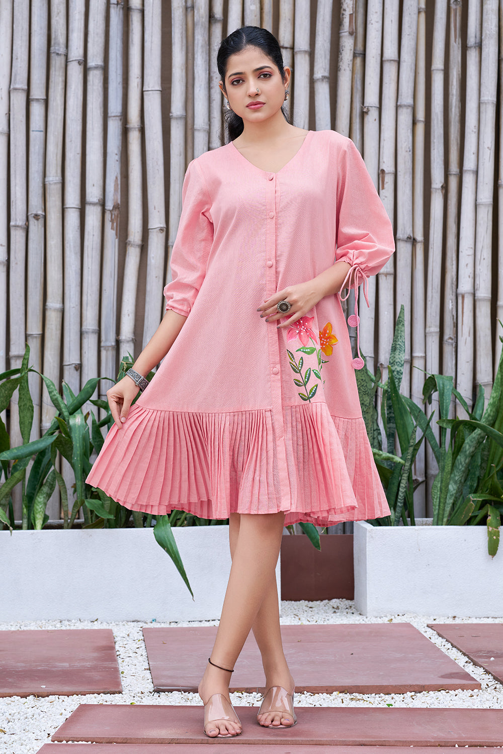 Plus Size Jade Pink Cotton Hand Painted V-Neck Dress