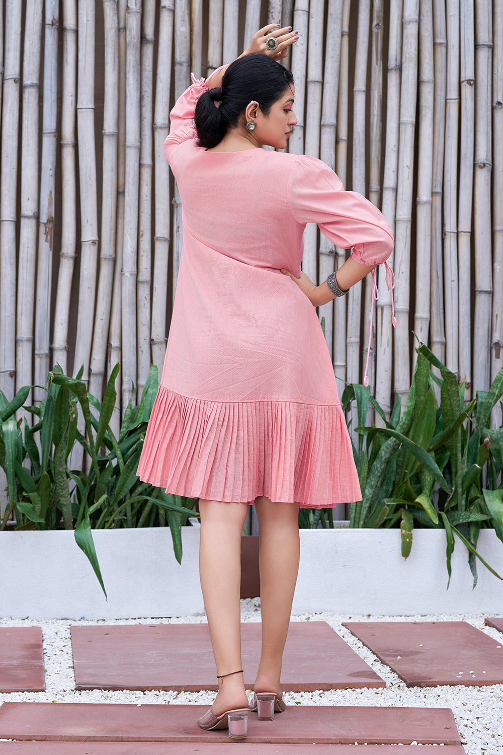 Plus Size Jade Pink Cotton Hand Painted V-Neck Dress