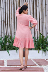 Plus Size Jade Pink Cotton Hand Painted V-Neck Dress-CL-SW-3045