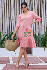 Plus Size Jade Pink Cotton Hand Painted V-Neck Dress-CL-SW-3045