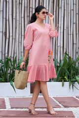 Plus Size Jade Pink Cotton Hand Painted V-Neck Dress-CL-SW-3045