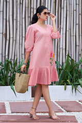 Plus Size Jade Pink Cotton Hand Painted V-Neck Dress-CL-SW-3045