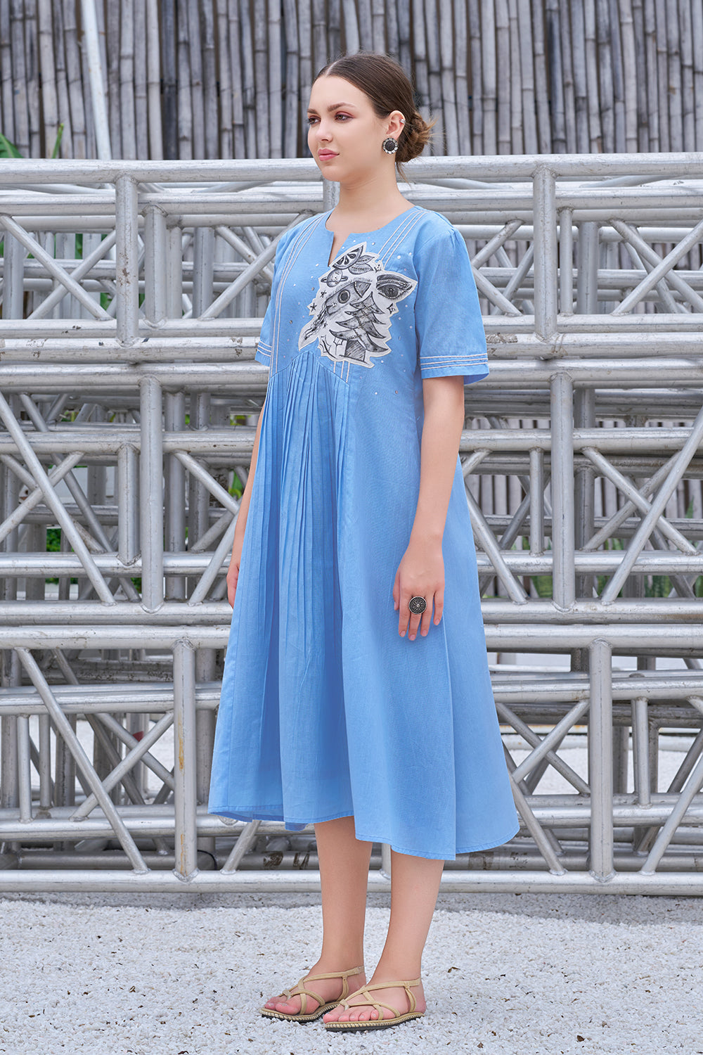 Plus Size Hand-Painted Blue Cotton A-Line Dress for Women