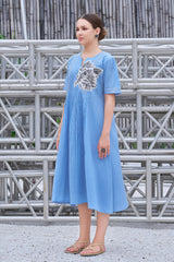Plus Size Hand-Painted Blue Cotton A-Line Dress for Women-CL-SW-3052