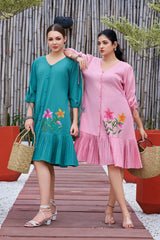 Plus Size Jade Green Cotton Hand Painted V-Neck Dress-CL-SW-3044