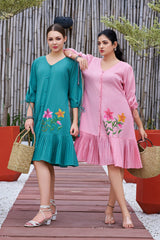 Plus Size Jade Green Cotton Hand Painted V-Neck Dress-CL-SW-3044