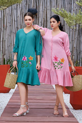 Plus Size Jade Pink Cotton Hand Painted V-Neck Dress-CL-SW-3045