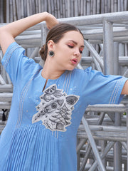 Plus Size Hand-Painted Blue Cotton A-Line Dress for Women-CL-SW-3052