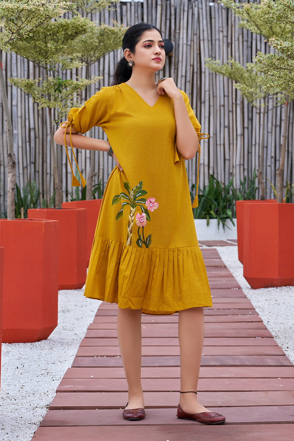 Plus Size Mustard Hand painted Cotton Flared Dress