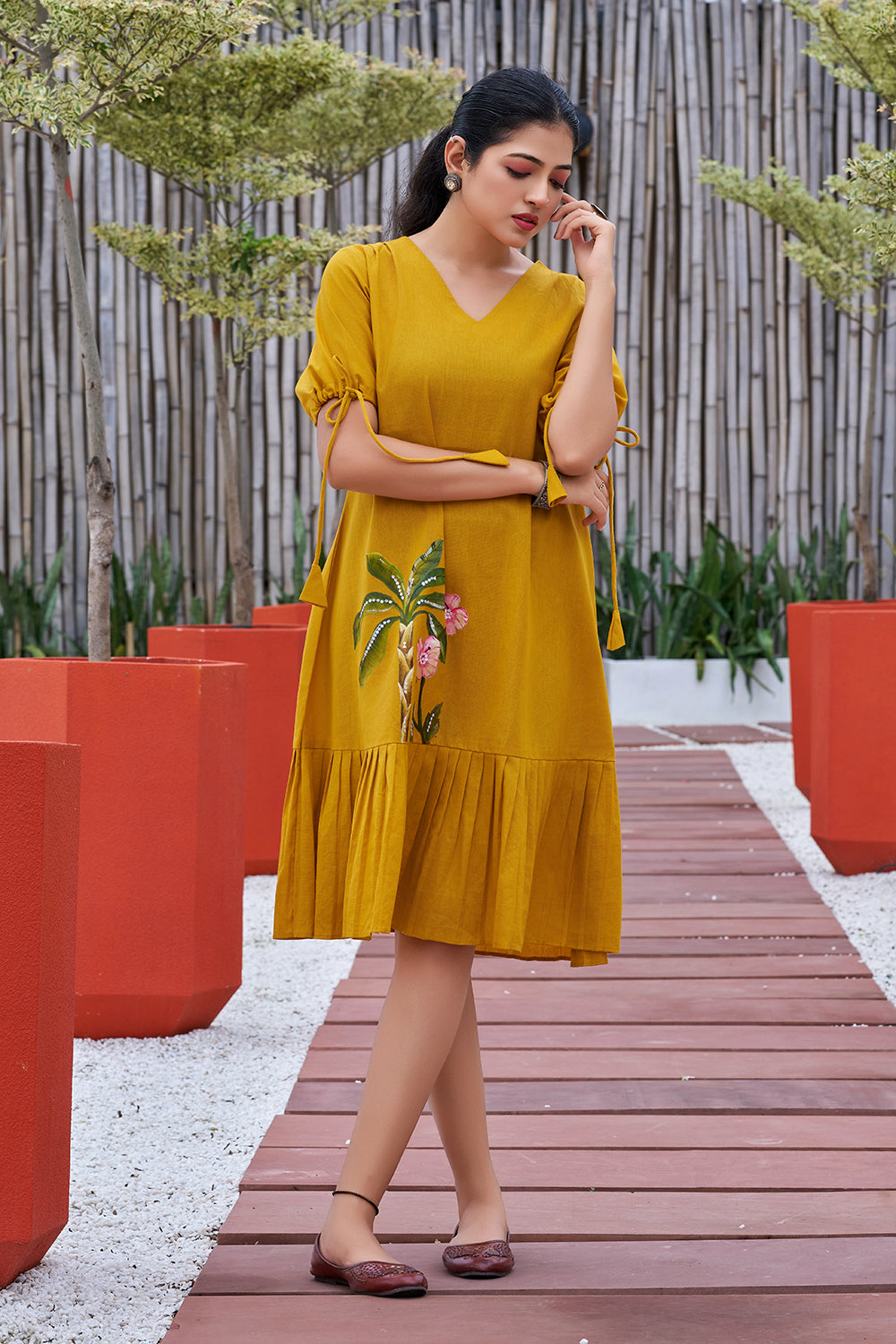 Plus Size Mustard Hand painted Cotton Flared Dress