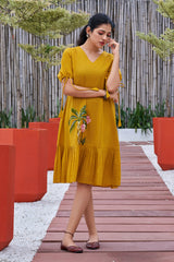 Plus Size Mustard Hand painted Cotton Flared Dress-CL-SW-3049