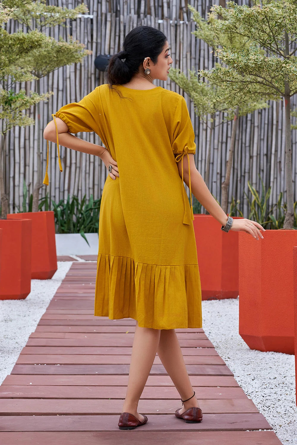 Plus Size Mustard Hand painted Cotton Flared Dress