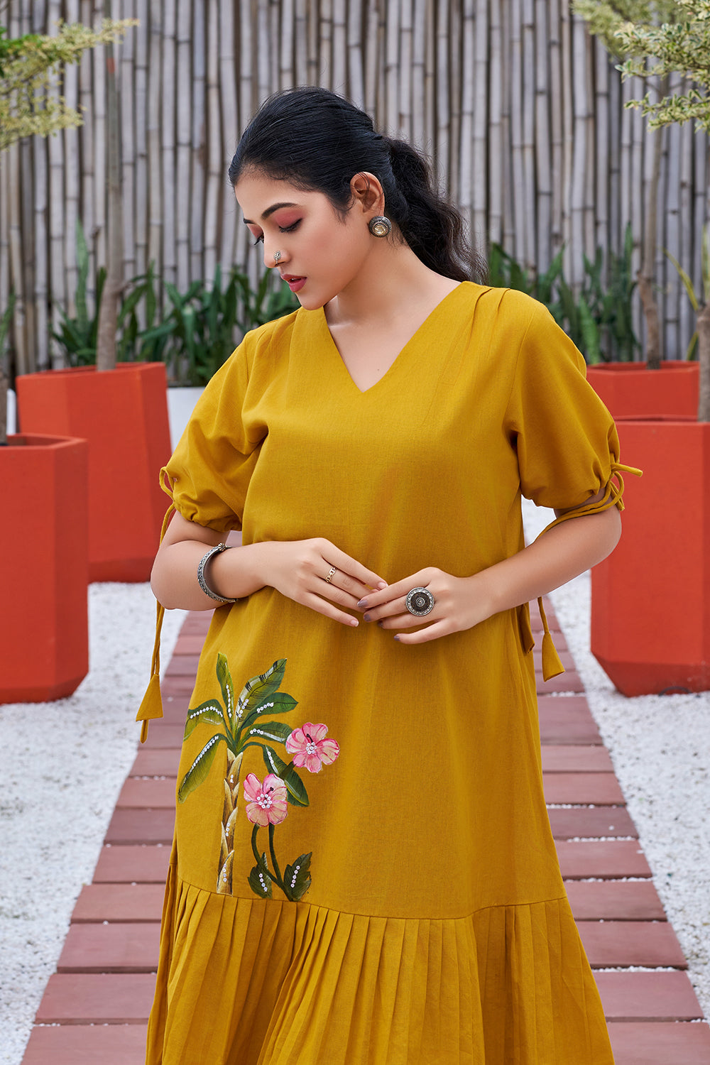 Plus Size Mustard Hand painted Cotton Flared Dress