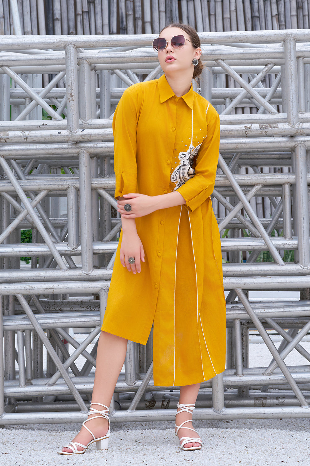Plus Size Hand-Painted Mustard Cotton Shirt Collar A-Line Flared Dress