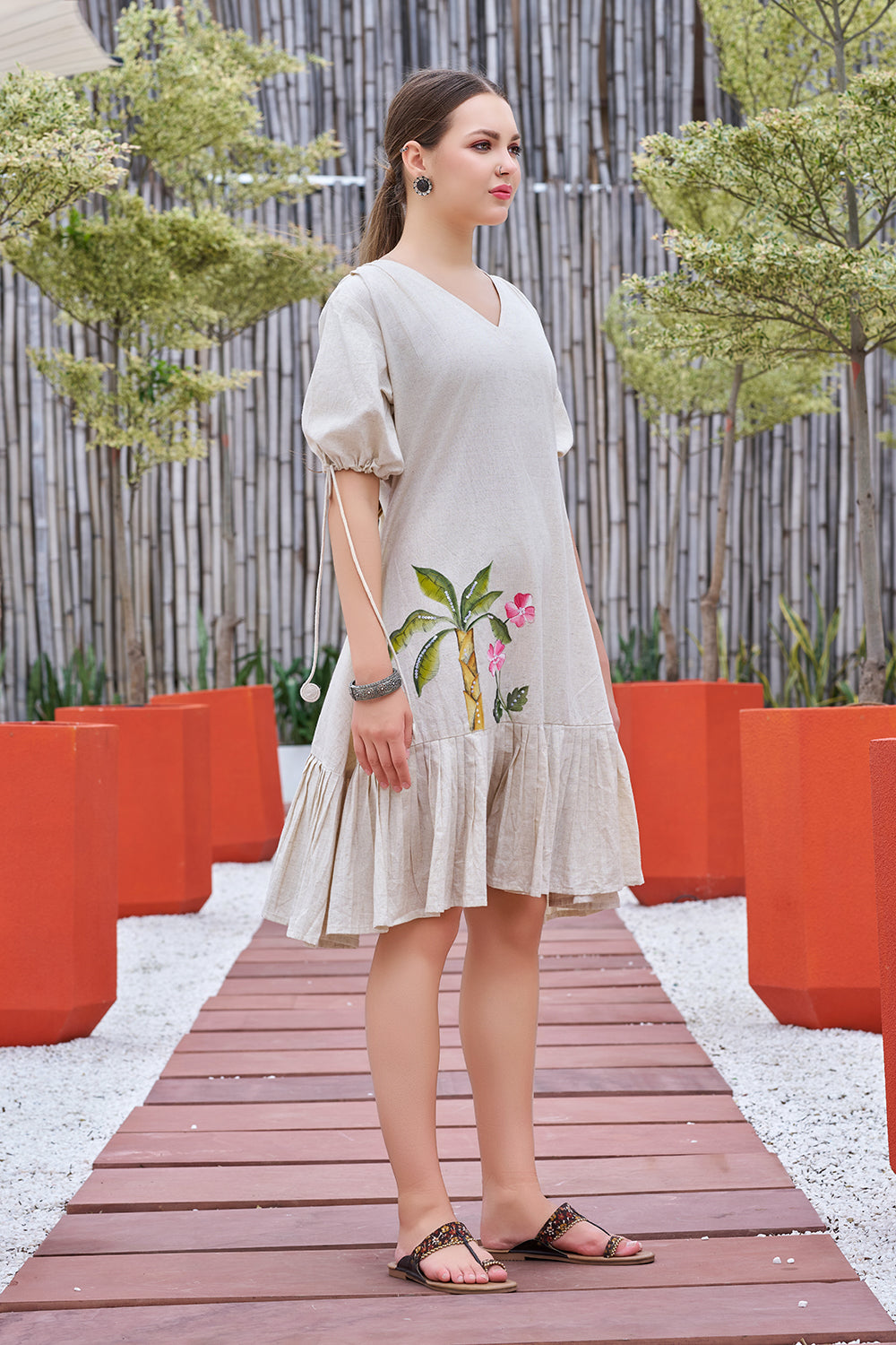 Plus Size Off White Hand painted Cotton Flared Dress