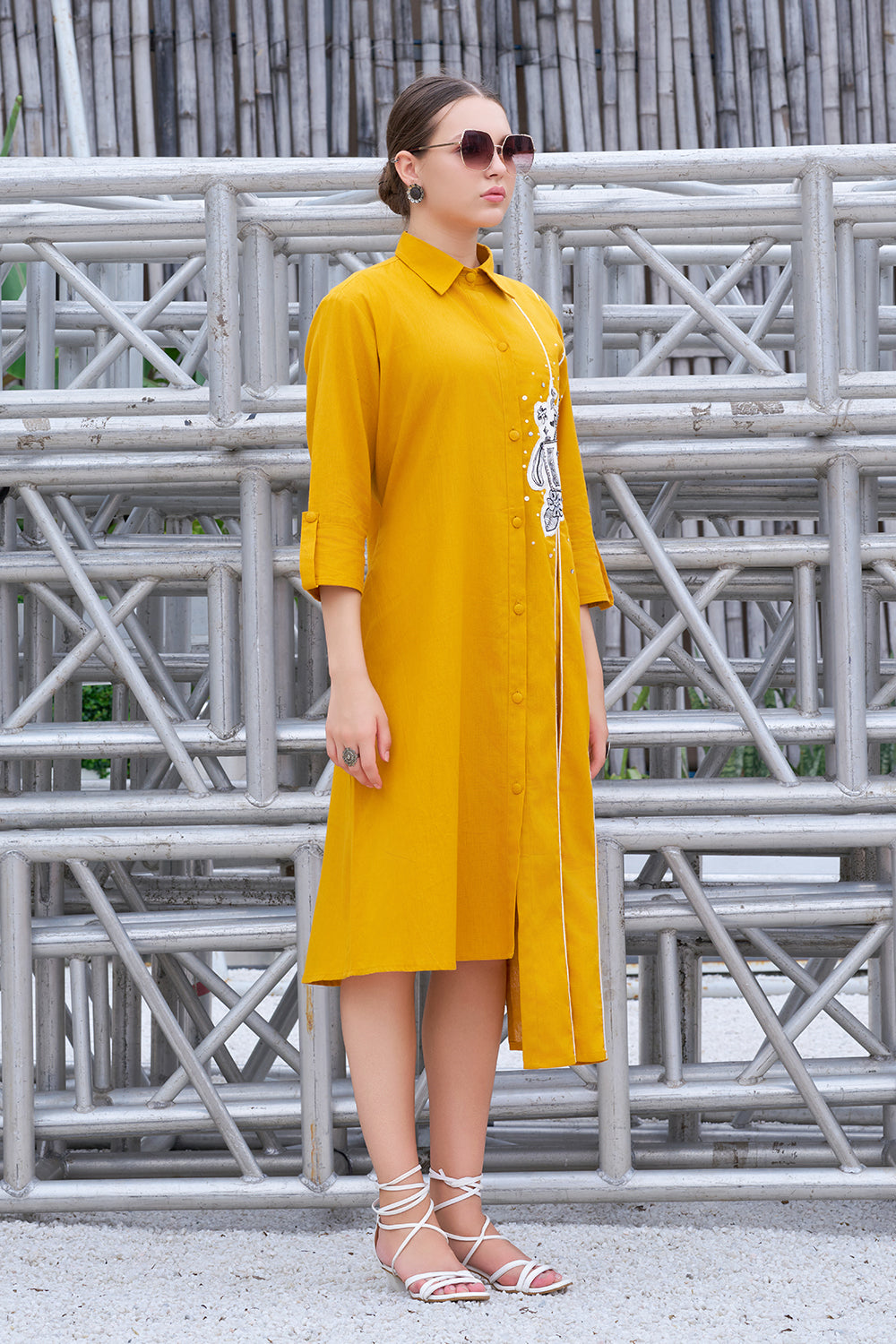 Plus Size Hand-Painted Mustard Cotton Shirt Collar A-Line Flared Dress