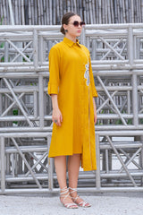Plus Size Hand-Painted Mustard Cotton Shirt Collar A-Line Flared Dress-CL-SW-3054