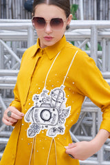 Plus Size Hand-Painted Mustard Cotton Shirt Collar A-Line Flared Dress-CL-SW-3054
