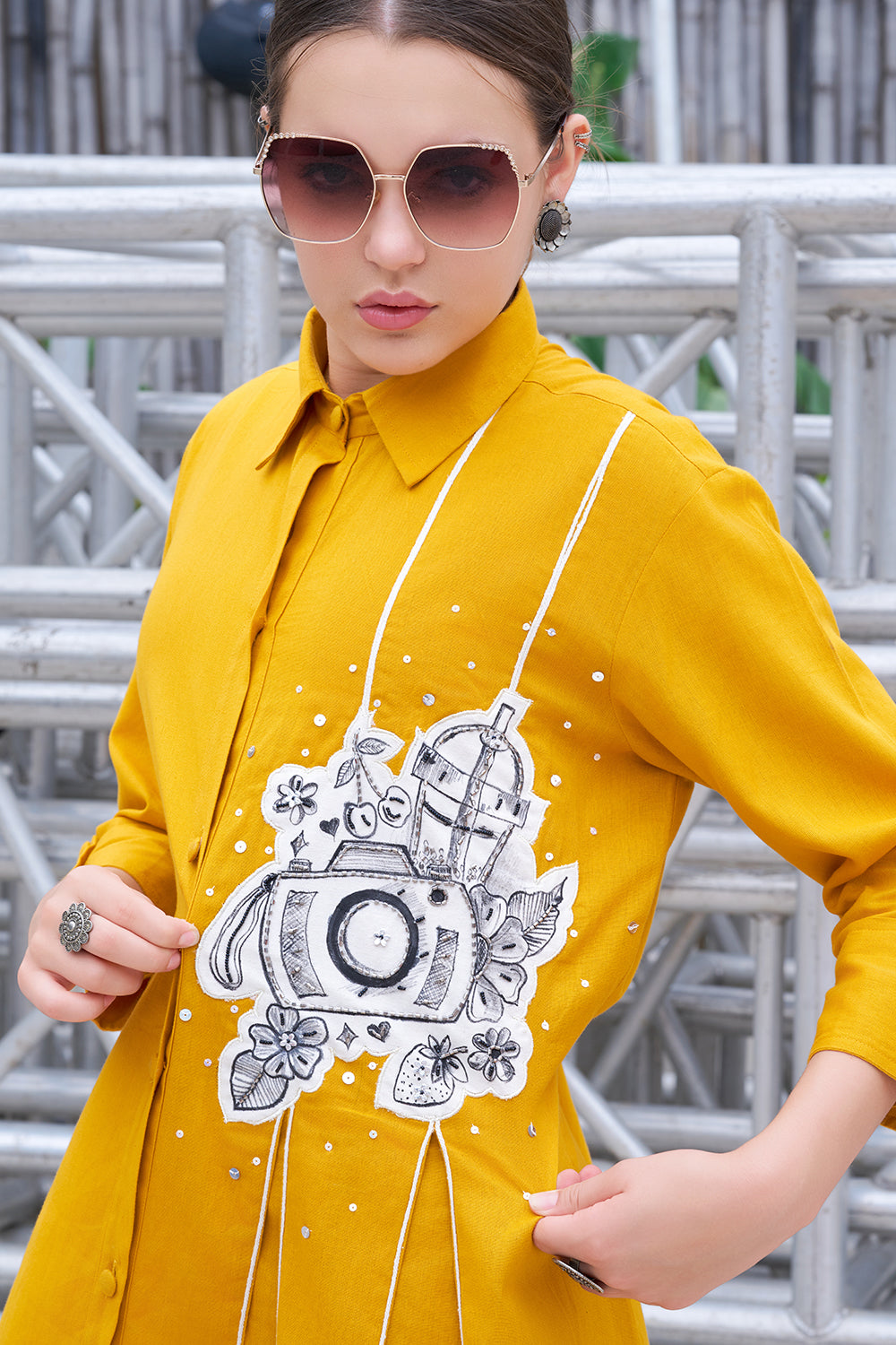 Plus Size Hand-Painted Mustard Cotton Shirt Collar A-Line Flared Dress