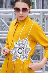 Plus Size Hand-Painted Mustard Cotton Shirt Collar A-Line Flared Dress-CL-SW-3054