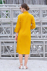 Plus Size Hand-Painted Mustard Cotton Shirt Collar A-Line Flared Dress-CL-SW-3054