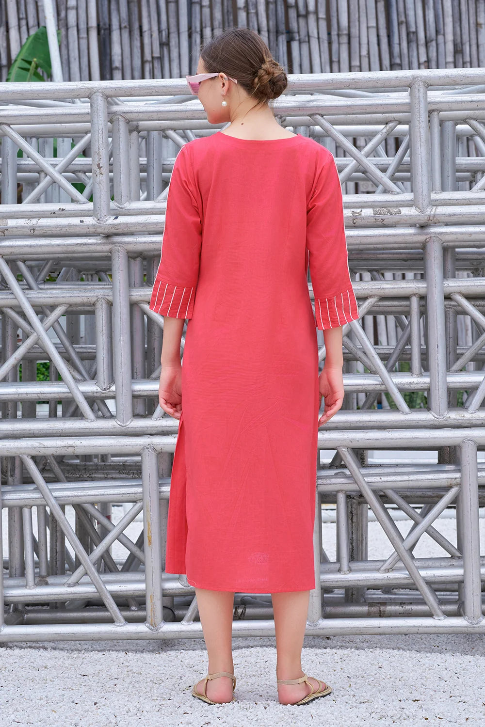Plus Size Hand-Painted Pink Cotton A-Line Dress