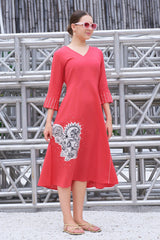 Plus Size Hand-Painted Pink Cotton A-Line Dress-CL-SW-3055