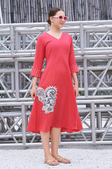 Plus Size Hand-Painted Pink Cotton A-Line Dress-CL-SW-3055