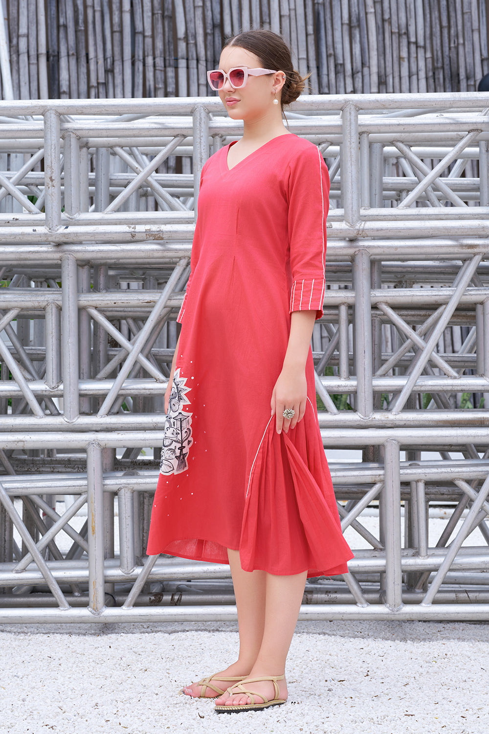 Plus Size Hand-Painted Pink Cotton A-Line Dress