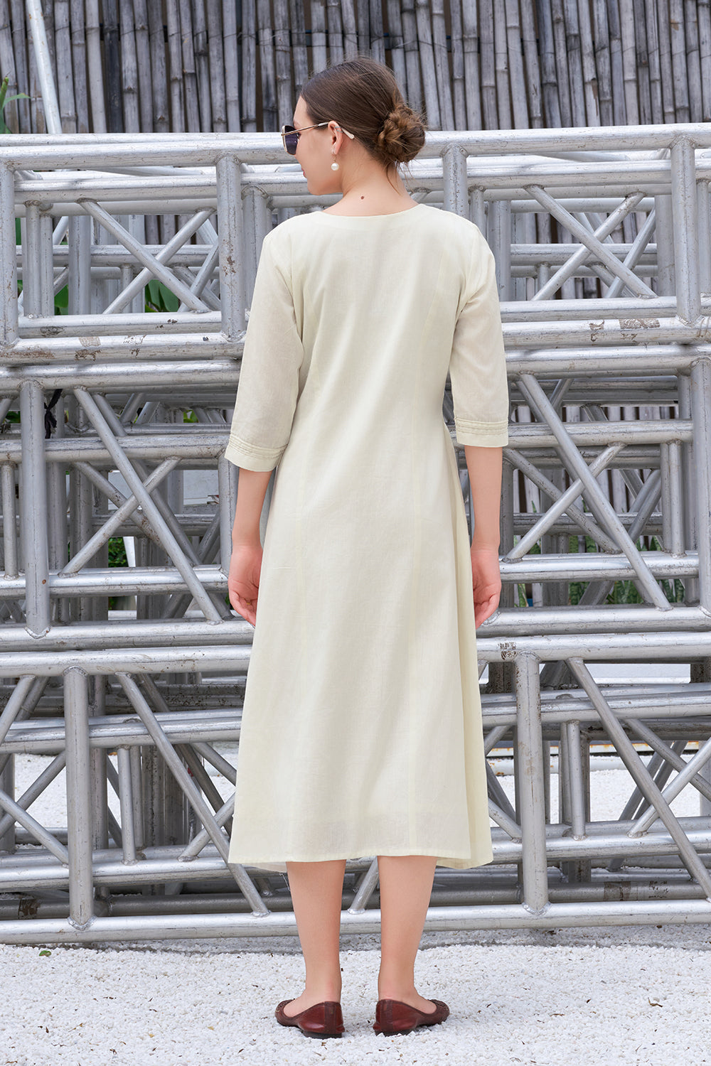 Plus Size Hand-Painted Off White Cotton A-Line Dress for Women