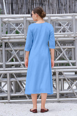 Plus Size Hand-Painted Blue Cotton A-Line Dress for Women-CL-SW-3052