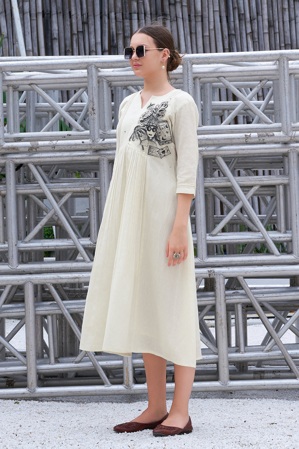 Plus Size Hand-Painted Off White Cotton A-Line Dress for Women