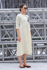 Plus Size Hand-Painted Off White Cotton A-Line Dress for Women-CL-SW-3053