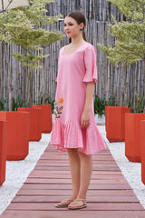 Plus Size Pink Hand Painted Square Neck Cotton Dress-CL-SW-3047