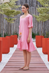 Plus Size Pink Hand Painted Square Neck Cotton Dress-CL-SW-3047