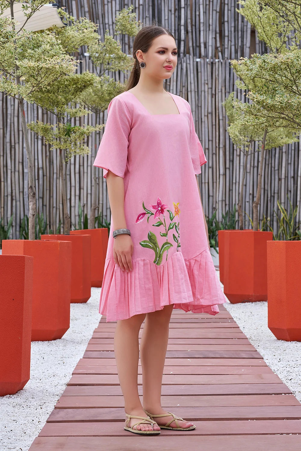 Plus Size Pink Hand Painted Square Neck Cotton Dress