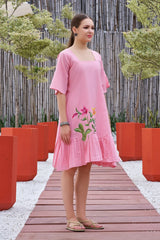 Plus Size Pink Hand Painted Square Neck Cotton Dress-CL-SW-3047