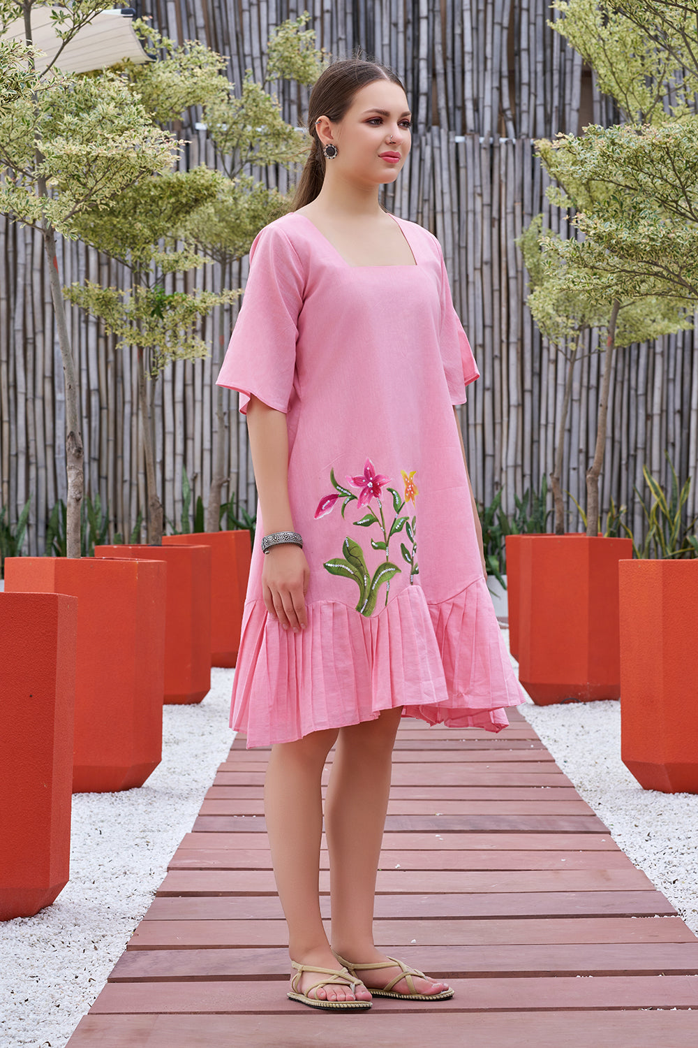 Plus Size Pink Hand Painted Square Neck Cotton Dress