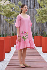 Plus Size Pink Hand Painted Square Neck Cotton Dress-CL-SW-3047