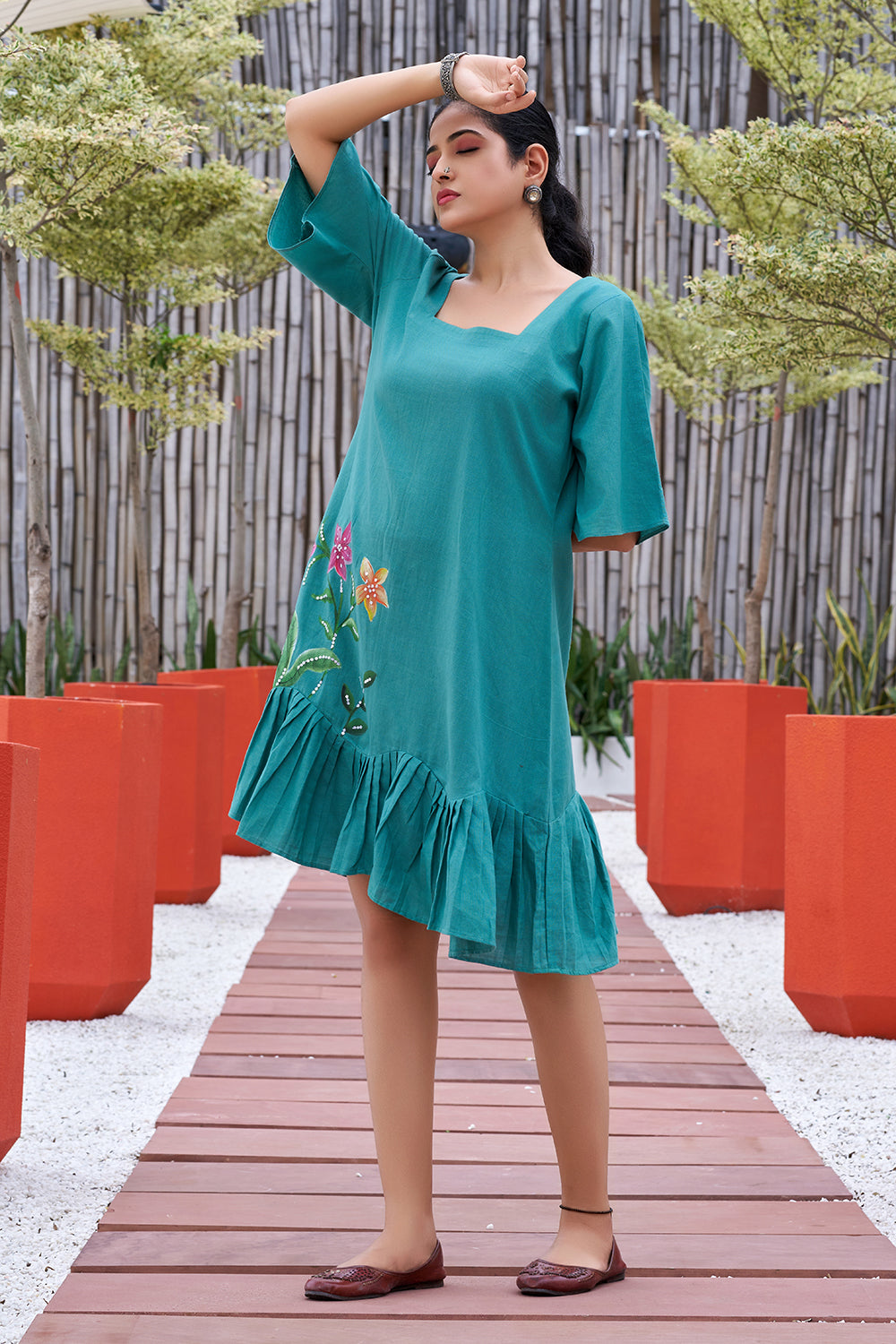 Plus Size Green Hand Painted Square Neck Cotton Dress