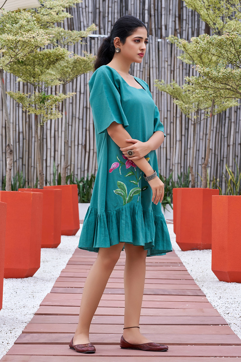 Plus Size Green Hand Painted Square Neck Cotton Dress