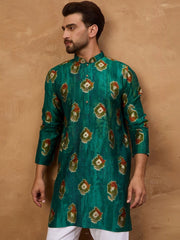 Ethnic Bay Men Teal Viscose Rayon Ethnic Motifs Printed Straight Kurta With Pant Set-MKSET1541