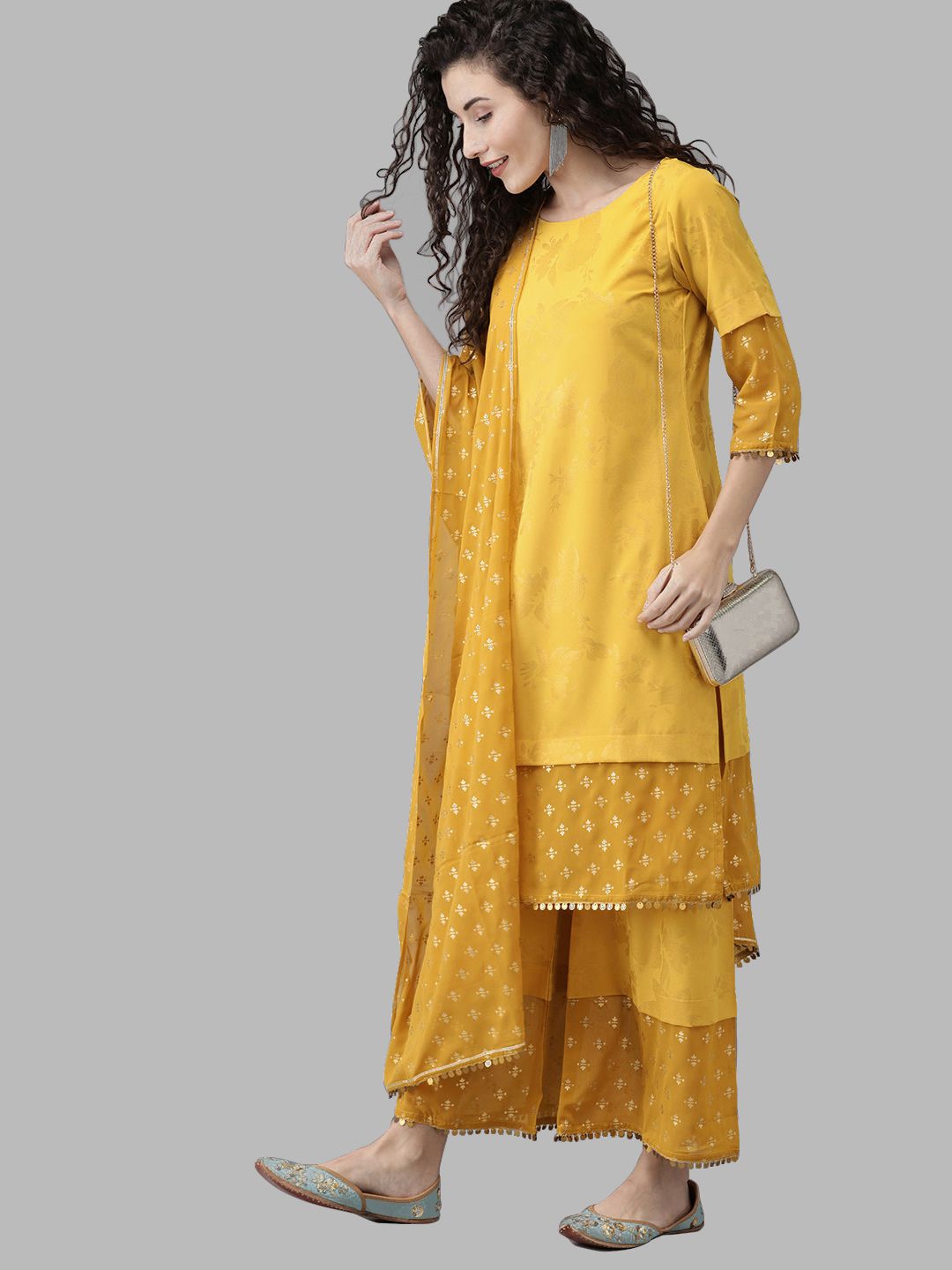 Mustard Printed Kurta Palazzo Set | Women's Palazzo Pants Set