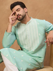 Ethnic Bay Men Blue Silk Blend Solid Embroidered Straight Kurta With Pant Set-MKSET1511