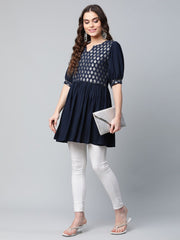 Navy Blue Rayon Silver Foil Print Tunic-AHTURYGP-8049