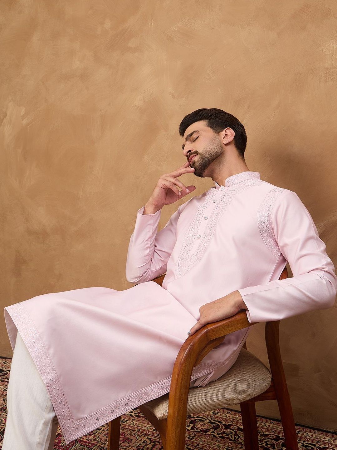 Ethnic Bay Men Pink Silk Blend Solid Embroidered Straight Kurta With Pant Set-MKSET1512