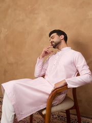 Ethnic Bay Men Pink Silk Blend Solid Embroidered Straight Kurta With Pant Set-MKSET1512