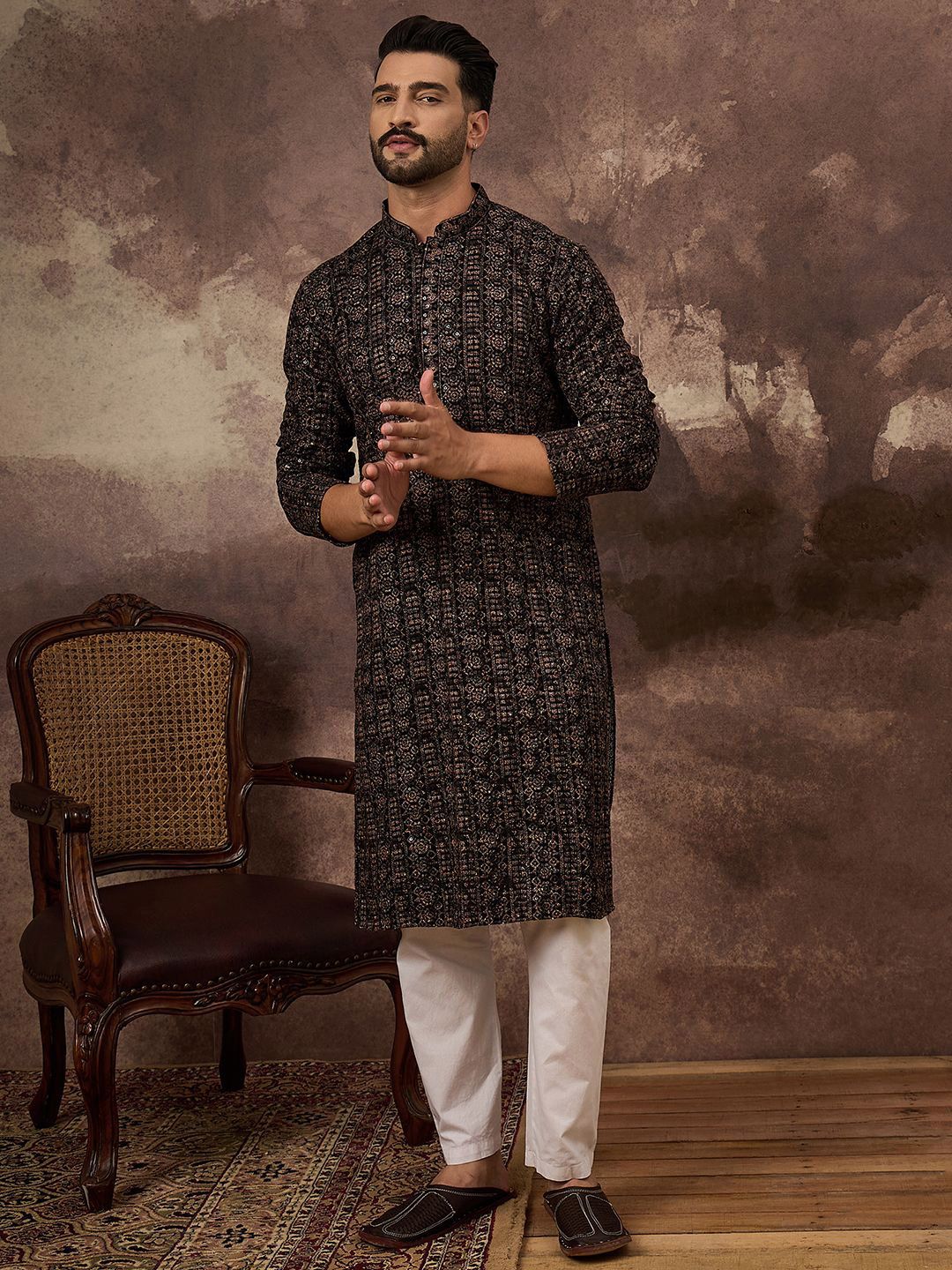 Ethnic Bay Men Black Viscose Rayon Ethnic Motifs Embroidered Straight Kurta With Pant Set-MKSET1405