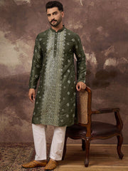 Ethnic Bay Men Green Silk Blend Solid Embroidered Straight Kurta With Pant Set-MKSET1419